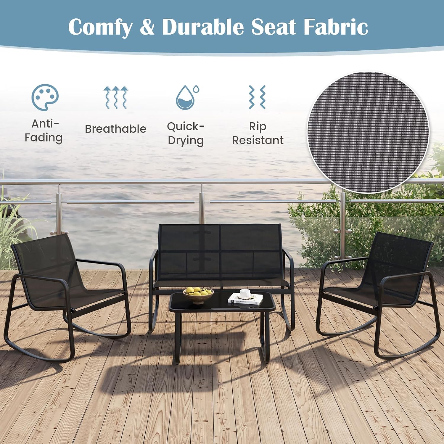 Tangkula 8 Piece Rocking Patio Furniture Set, 4 Rocking Chairs & 2 Loveseat with Glass-Top Table, Patio Rocking Set with Smooth Rocking Motion, Outdoor Rocker Conversation Set for Porch, Yard
