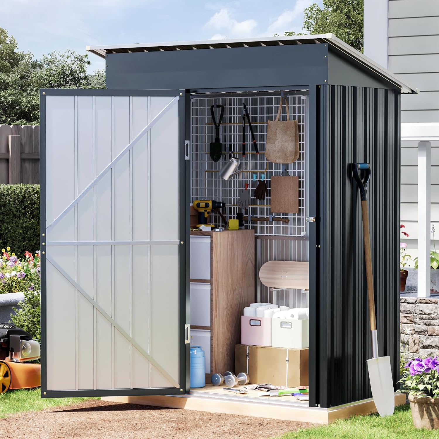 3x5 FT Outdoor Metal Storage Shed with Floor Frame, Single Door, 1 Clear Window, Tool Shed for Garden, Patio, Backyard