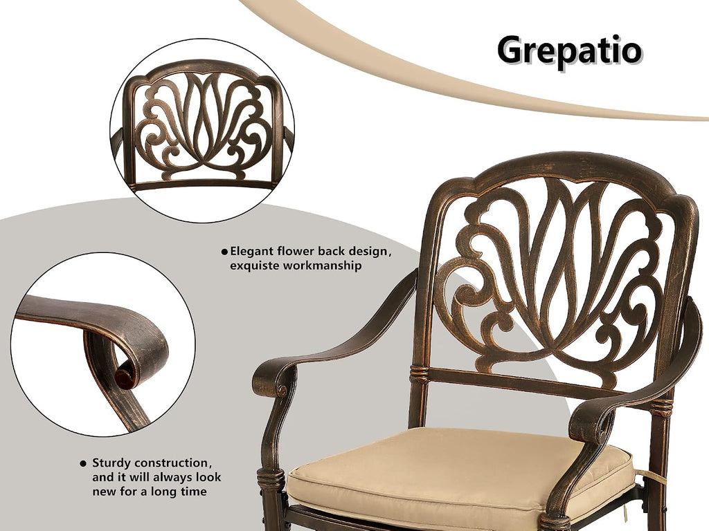 Grepatio 7 Piece Patio Dining Set Outdoor Dining Set Cast Aluminum Furniture Set with 6 Dining Chairs with Cushion and Dining Table for Backyard Garden Deck Poolside (Khaki)