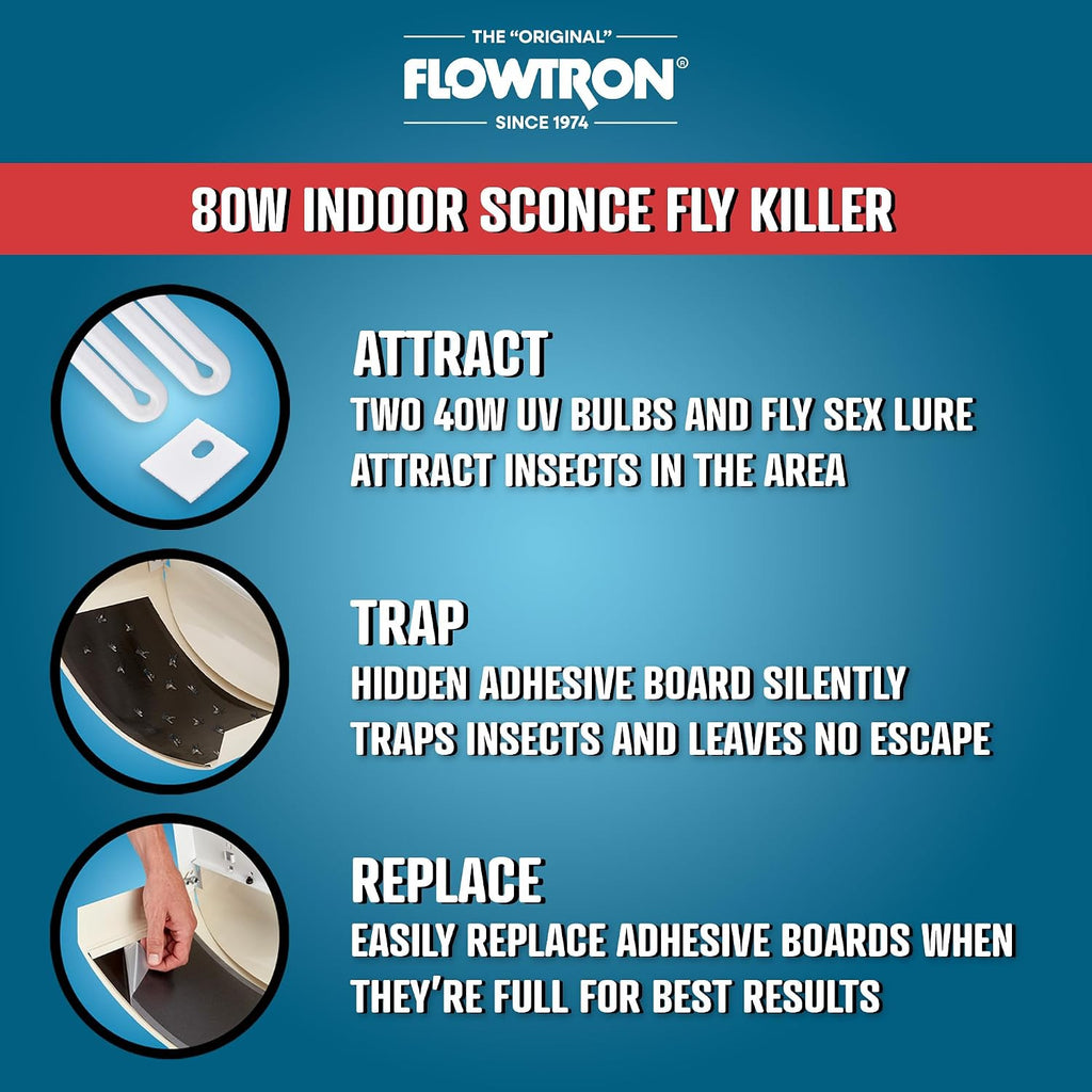 Flowtron Fly Trap Indoor Wall Sconce | Electric Insect Killer for Flies & Gnats with Dual Lure Method 80W UV Light & Pheromone Attractant | Sticky Strips, 1200 Sq Ft for House & Kitchen
