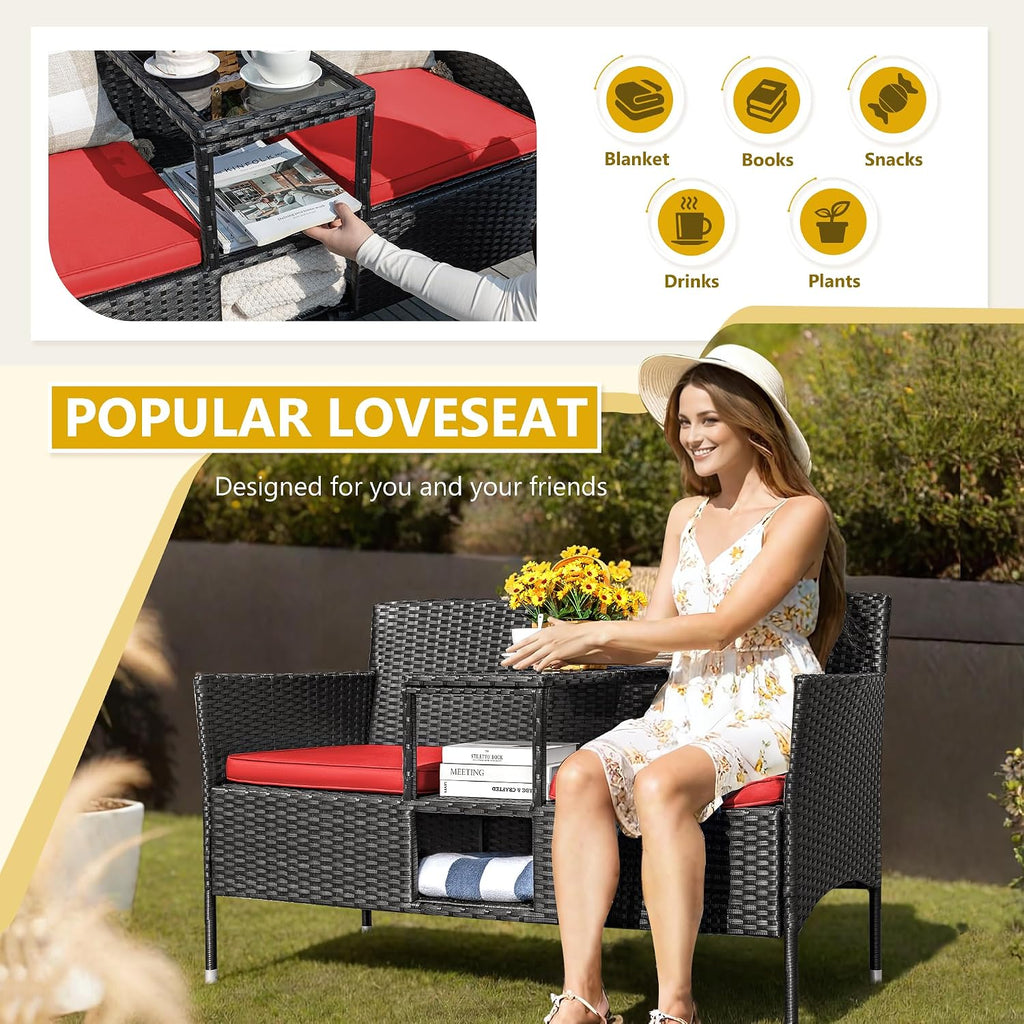 Devoko Outdoor Patio Loveseat Modern Rattan 2-Seat Patio Conversation Set with Cushions & Built-in Coffee Table Porch Furniture for Garden Lawn Backyard (Red)