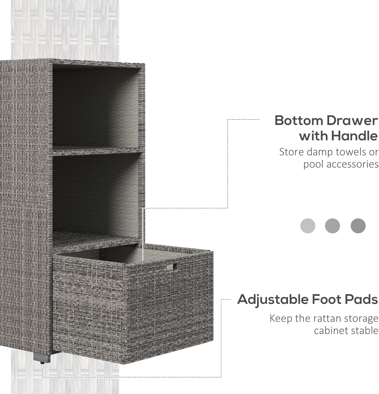 Outsunny Valet Pool Towel Rack, Waterproof PE Plastic Rattan Wicker Storage Organizer, Indoor Outdoor Spa, and Hot Tub Accessory Storage, 2 Shelves, 1 Basket Drawer, Mixed Gray