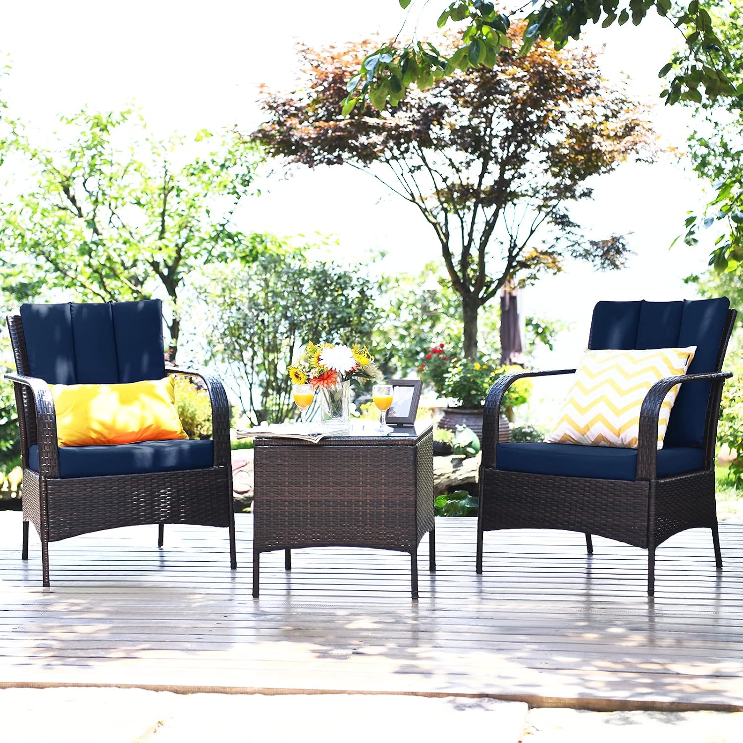 Tangkula 3 Piece Patio Furniture Set, 2 Wicker Chairs with Glass Top Coffee Table, Outdoor Garden Porch Poolside Furniture Set for 2, Rattan Conversation Set