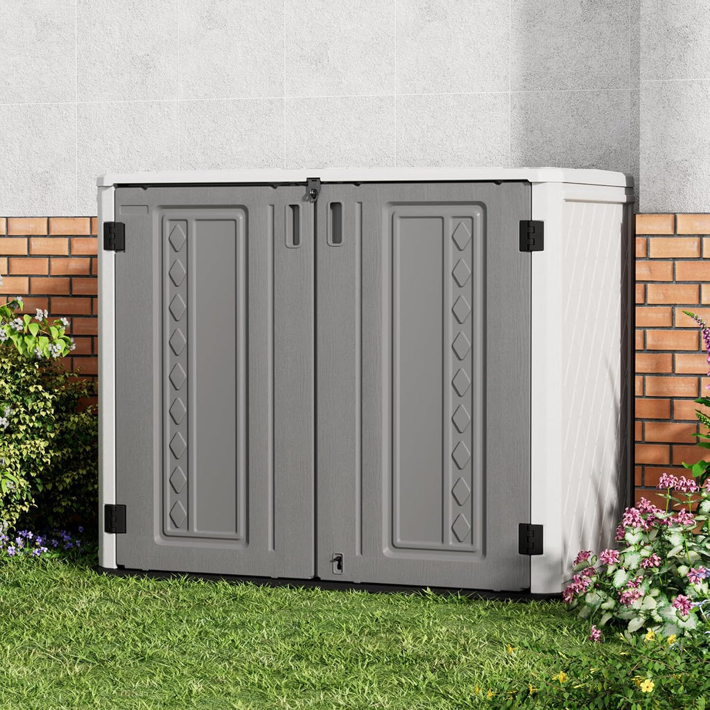 Mrosaa Outdoor Storage Shed Waterproof, Horizontal Outdoor Storage Cabinet for Garbage Cans,Tools and Lawnmower Lockable(34 Cu.ft-Gray and White)