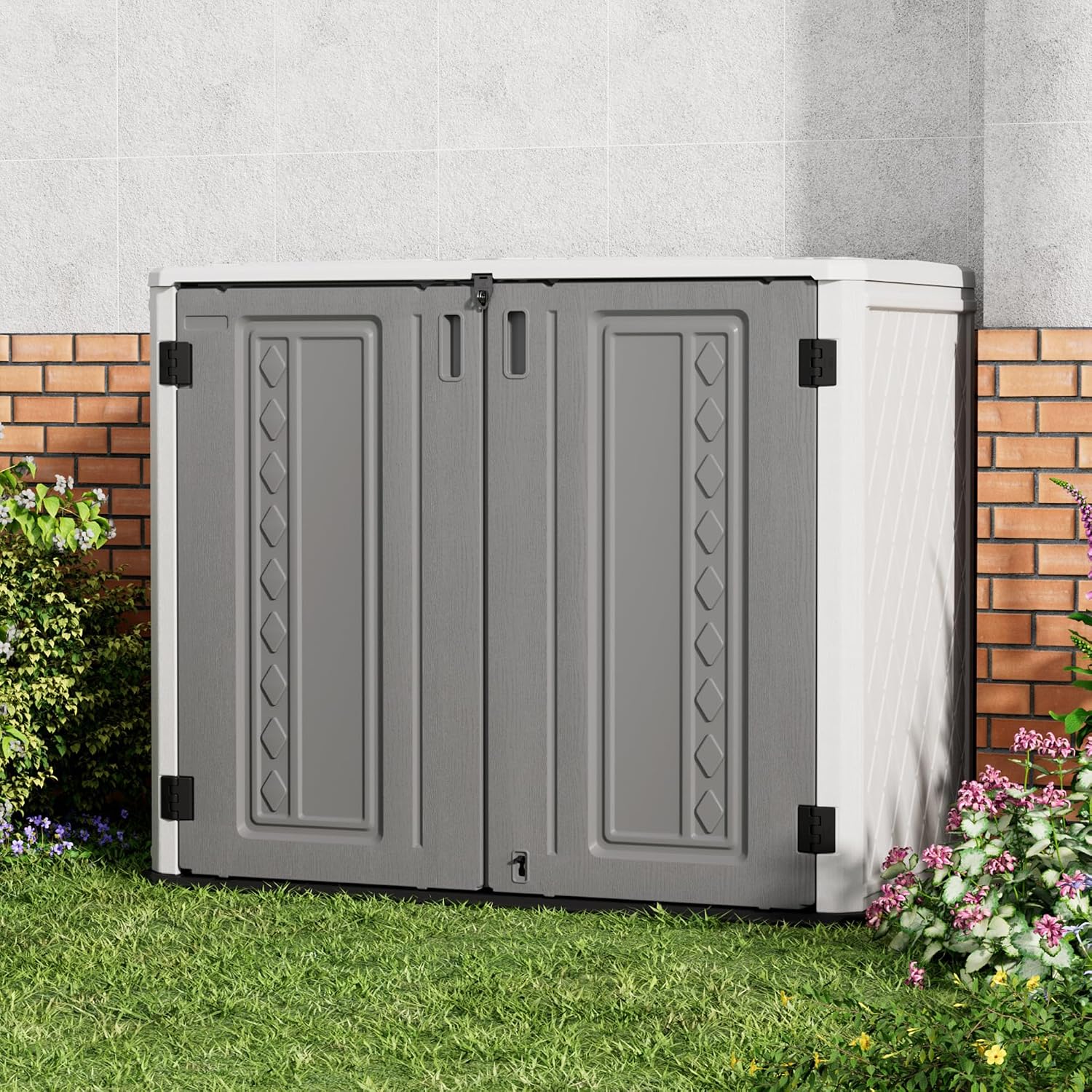 Mrosaa Outdoor Storage Shed Waterproof, Horizontal Outdoor Storage Cabinet for Garbage Cans,Tools and Lawnmower Lockable(34 Cu.ft-Gray and White)