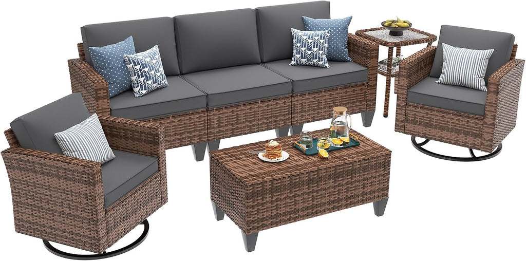 UDPATIO Patio Furniture Set, 5 Pieces Outdoor Conversation Sets with Rocking Swivel Chairs, Wicker Rattan Outdoor Sofa Set with Storage Table and Waterproof Covers for Backyard, Deck, Porch, Grey