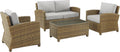 Crosley Furniture Bradenton 4-Piece Outdoor Loveseat Patio Furniture Set, Wicker Conversation Sets for Porch, Brown with Gray Cushions