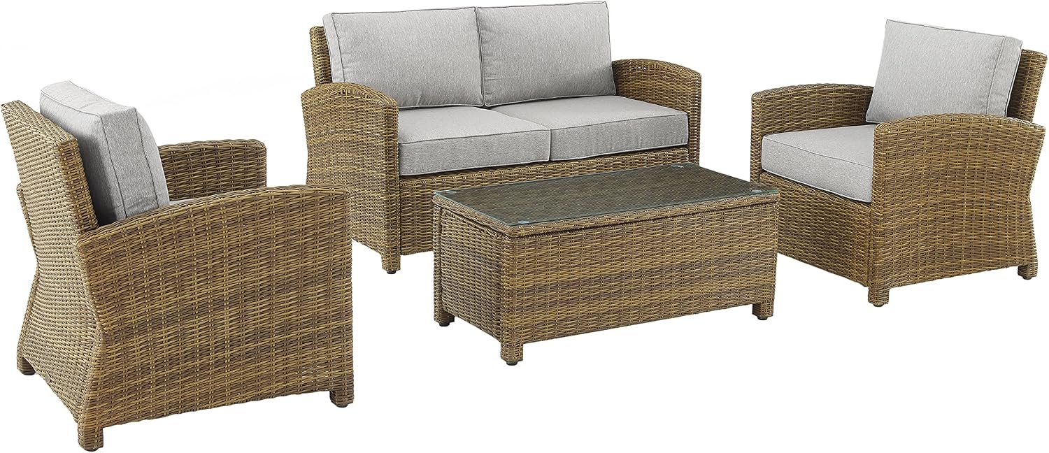 Crosley Furniture Bradenton 4-Piece Outdoor Loveseat Patio Furniture Set, Wicker Conversation Sets for Porch, Brown with Gray Cushions