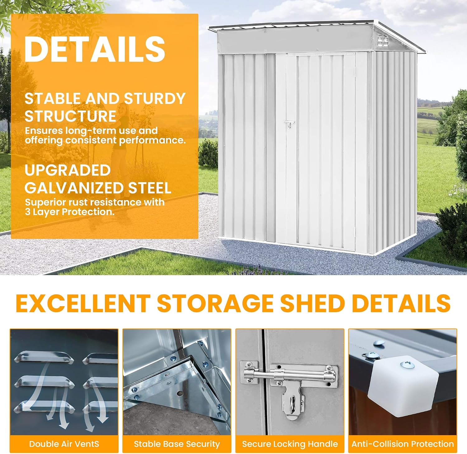 5x3 FT Outdoor Storage Shed Garden Shed Tool Shed with Lockable Door and Sloping Roof, Durable Metal Storage Shed for Backyard, Outside, Patio, White