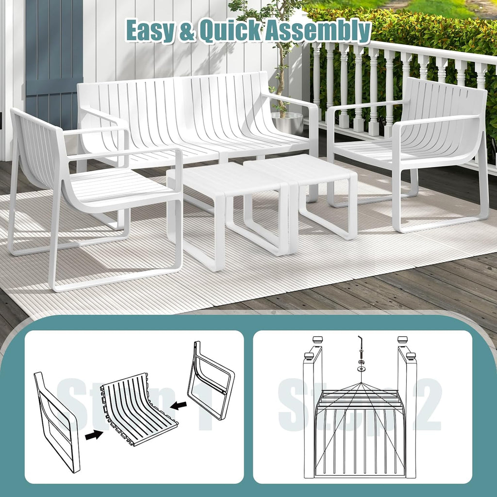 Tangkula 5-Piece Patio Furniture Set, Outdoor Conversation Set w/1 Loveseat, 2 Patio Chairs & 2 Side Tables, All-Weather Patio Bistro Set for Lawn, Backyard, Poolside, Balcony, Garden, Deck (White)