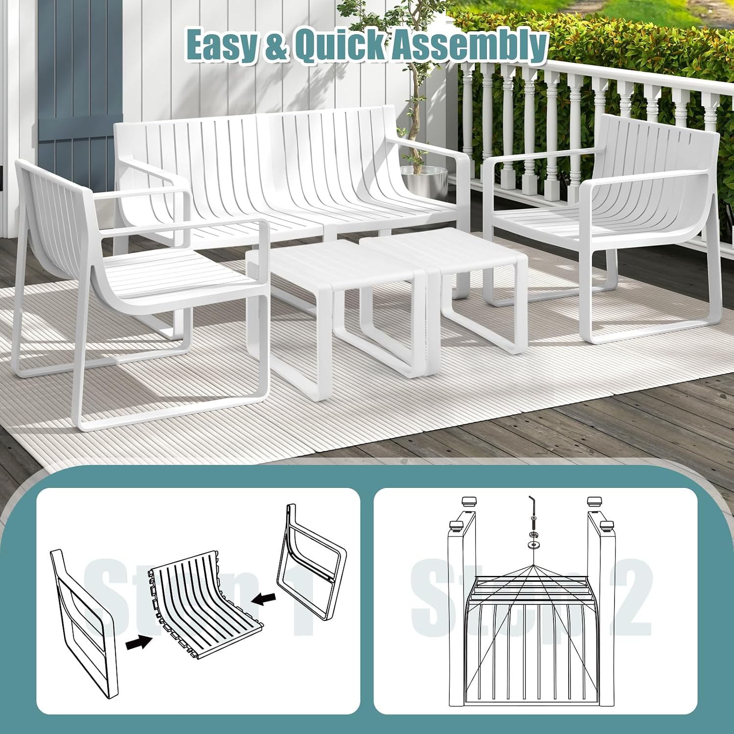Tangkula 5-Piece Patio Furniture Set, Outdoor Conversation Set w/1 Loveseat, 2 Patio Chairs & 2 Side Tables, All-Weather Patio Bistro Set for Lawn, Backyard, Poolside, Balcony, Garden, Deck (White)