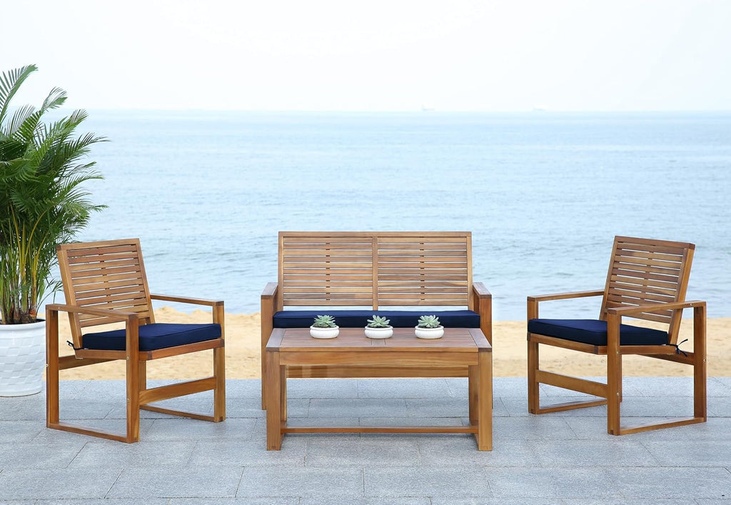 Safavieh Home Collection Hailey Outdoor Living 4-Piece Acacia Patio Furniture Set, Brown and Navy