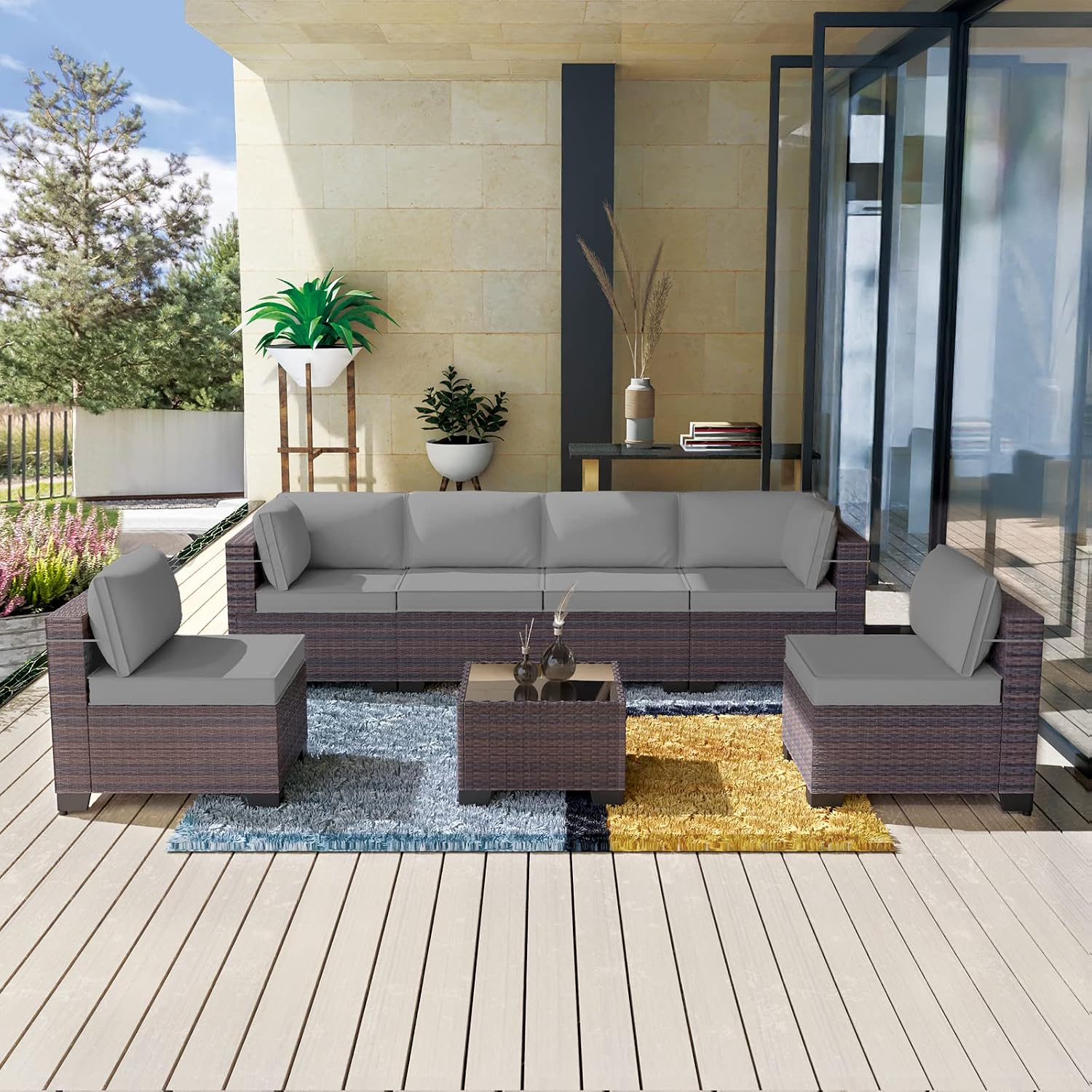 Kullavik 7 Pieces Outdoor Patio Furniture Set,Sectional Rattan Sofa Set Brown PE Rattan Wicker Patio Conversation Set with Tempered Glass Coffee Table and Washable Cushions Covers,Grey