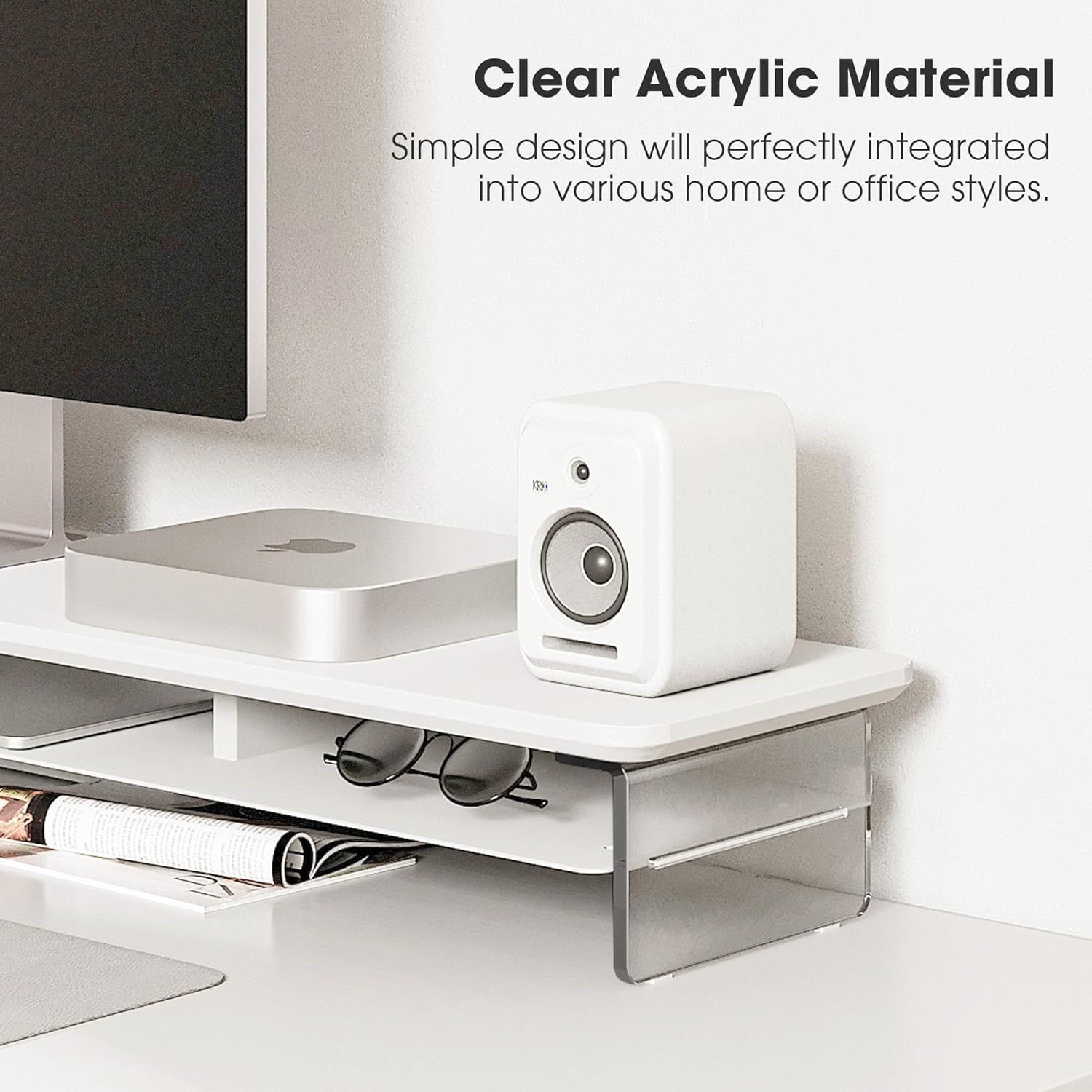 Fenge Acrylic Monitor Stand, 42.5 Inch Clear Dual Monitor Riser with Metal Storage, 2 Tier Computer Riser with LED Lights for Desk, Laptop, Printer, TV
