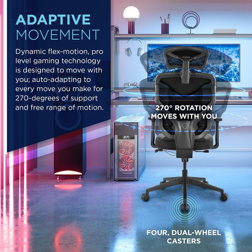 Tempur-Pedic Blaze Auto-Adaptive Ergonomic Gaming Chair with Lumbar Support and 3D Armrest Adjustment, Cooling Racing Style Gaming Chair, Black