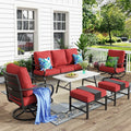 MFSTUDIO 6 Pieces Metal Patio Furniture Sets, 2 Swivel Chair, 1 Deep Seating 3-Seat Sofa, 2 Ottoman & 1 Marbling Coffee Table, All Weather 7 Seats Outdoor Conversation Set for Garden, Burgundy Red