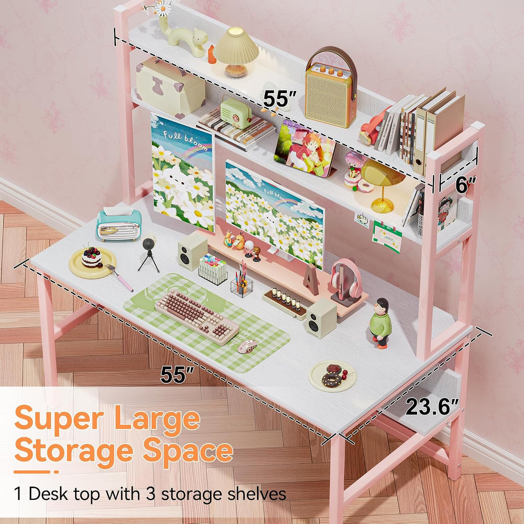 Aquzee Pink Girls Desk with Hutch, 55in Computer Desk with Bookshelf for Teens Adults, Craft Table for Bedroom Kids Room, White Pink Study Table with Shelves for Storage