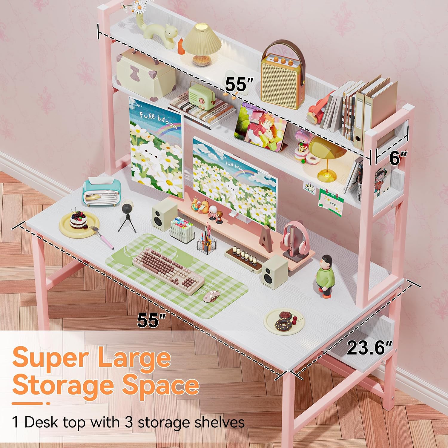 Aquzee Pink Girls Desk with Hutch, 55in Computer Desk with Bookshelf for Teens Adults, Craft Table for Bedroom Kids Room, White Pink Study Table with Shelves for Storage
