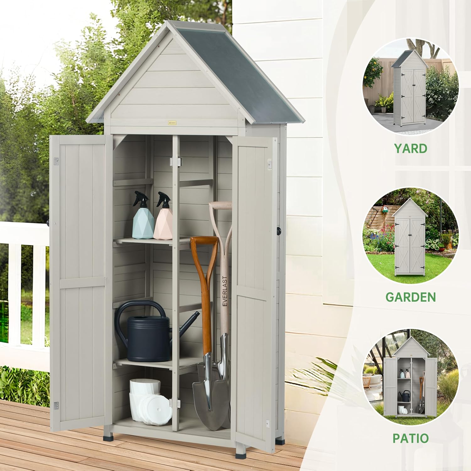 Outdoor Storage Shed with Floor & Adjustable Shelves, Wooden Garden Tool Cabinet Weatherproof, 71' Vertical Patio Organizer
