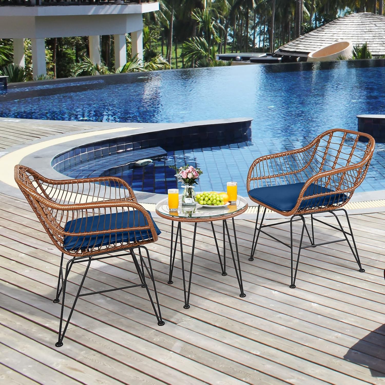 COSTWAY 3 Pieces Patio Bistro Set, Outdoor Rattan Conversation Seating Chair Set with Coffee Table & Soft Cushions, Indoor Wicker Furniture Set for Garden, Balcony, Porch, Pool, Navy