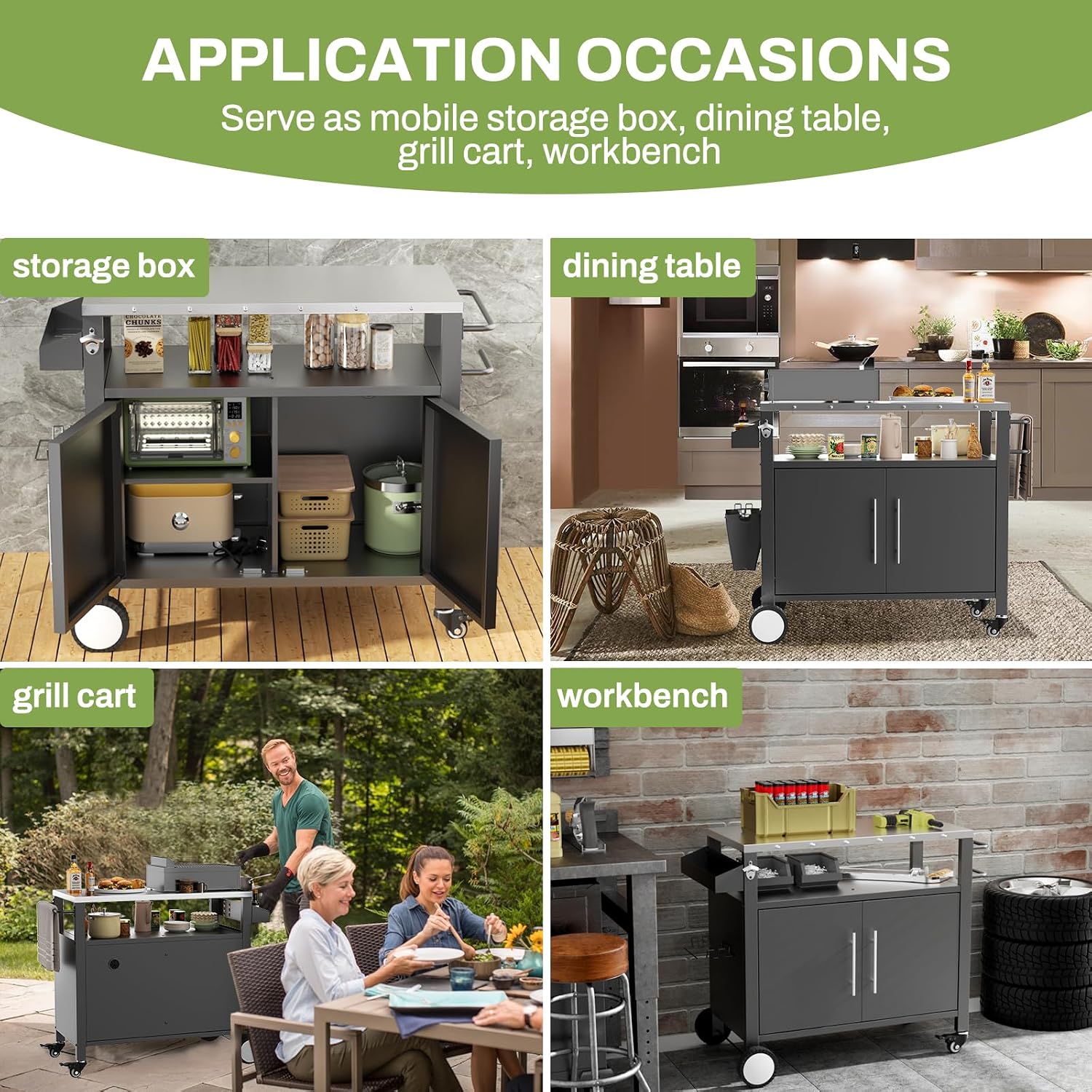 Outdoor Grill Cart with Patio Furniture, Outdoor Grill Table with Storage,Rolling Bar Cart Outdoor BBQ Cart with Hooks and Spice Rack for Grilling Accessories(Double Door, Black)