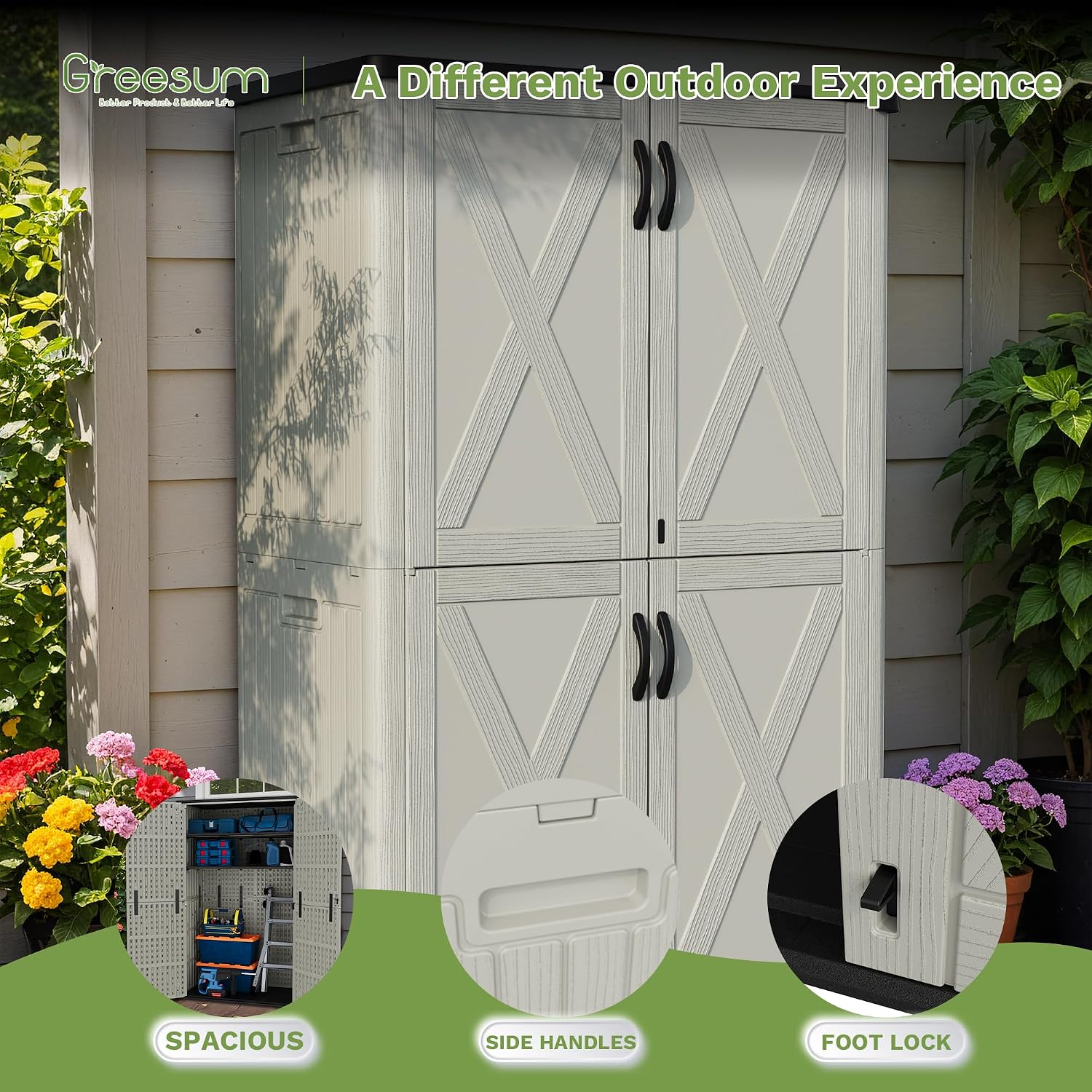 Greesum Outdoor Storage Cabinet, 50 CUFT Deck Box Without Shelves, Waterproof Plastic Storage Shed for Patio Cushions, Gardening Tools, Lockable and Sidehandles, UV Resistant, Beige
