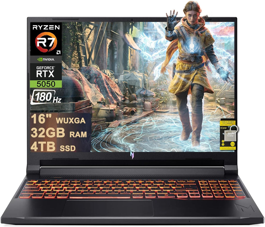 acer Nitro V 16 AI Gaming Laptop 16' WUXGA IPS 180Hz AMD 8-core Ryzen 7 260 (Beats i7-13700H) 32GB DDR5 4TB SSD GeForce RTX 5050 (Up to 421 AI Tops) Backlit Wi-Fi6E Win11 ICP Hub