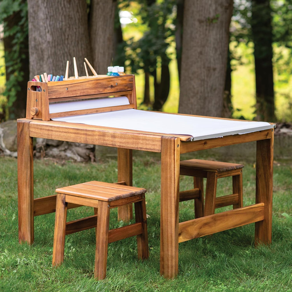 Guidecraft Acadia Outdoor Art Table and Stool Set: Kids Acacia Wood Arts and Crafts Table w/ 2 Chairs, Mobile Storage Paper Roll, and Paint Cups for Drawing, Painting and Toddler Picnic Activities