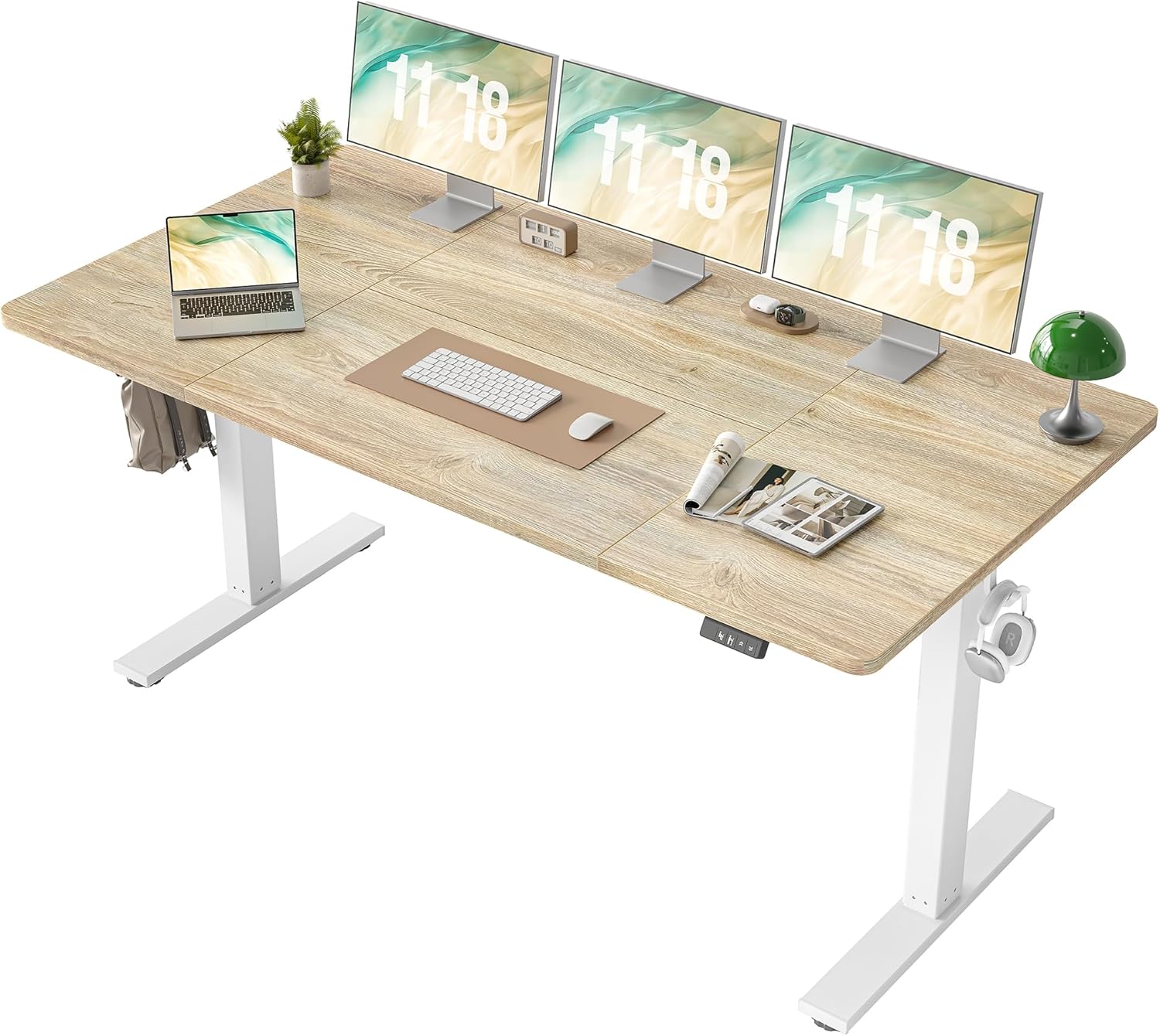 TIQLAB Electric Height Adjustable Standing Desk 71 * 30 inch, Sit Stand Desk with Splice Board, Memory Controller, White Frame & Maple Top Computer Workstation for Home Office