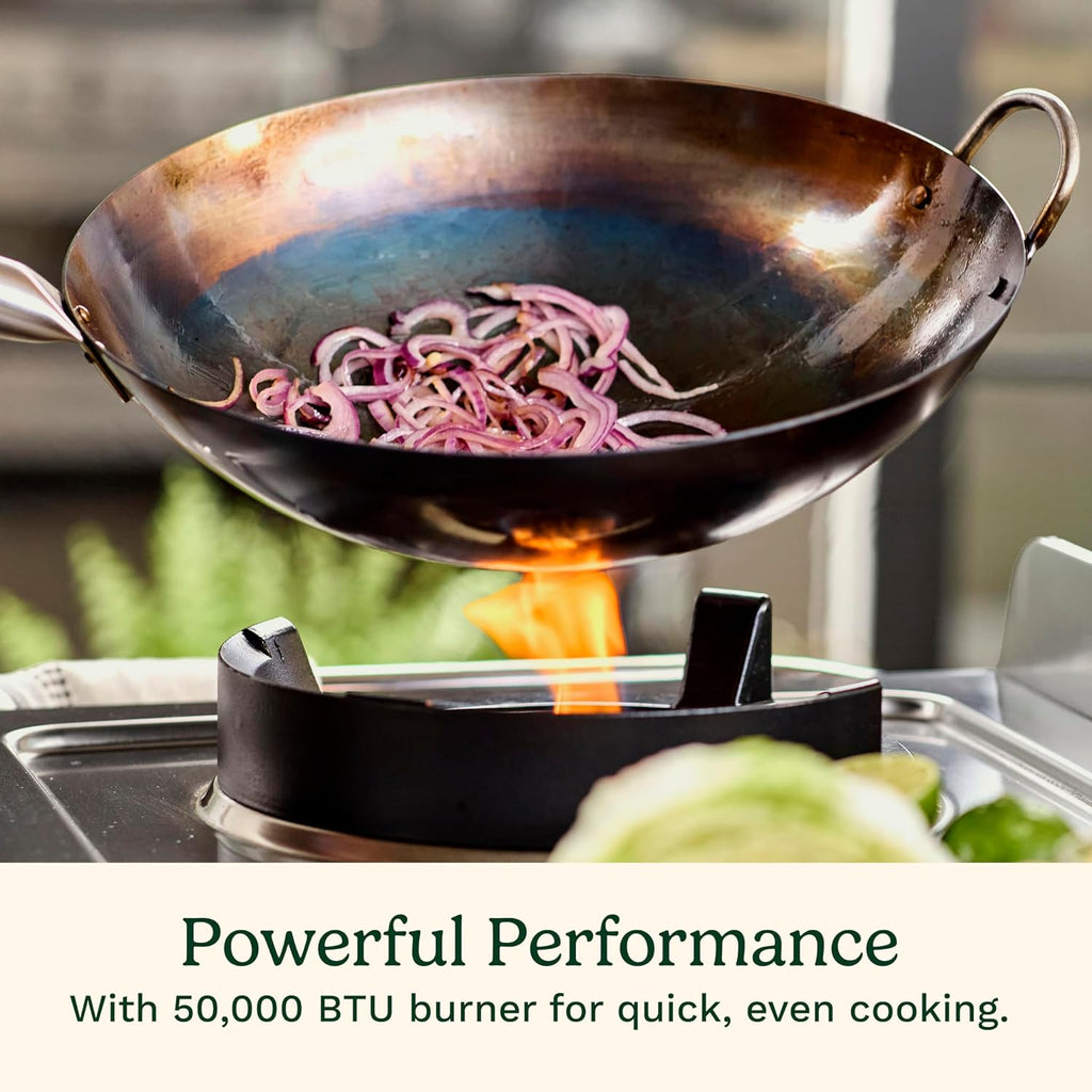 Cuisinart Outdoor Wok Station, 50,000 BTU Propane Outdoor Wok Burner with Prep Table, 14' Carbon Steel Fry Pan, Stainless Steel Side Table, Storage, Outdoor Cooking Station for Stir Fry, Searing, BBQ