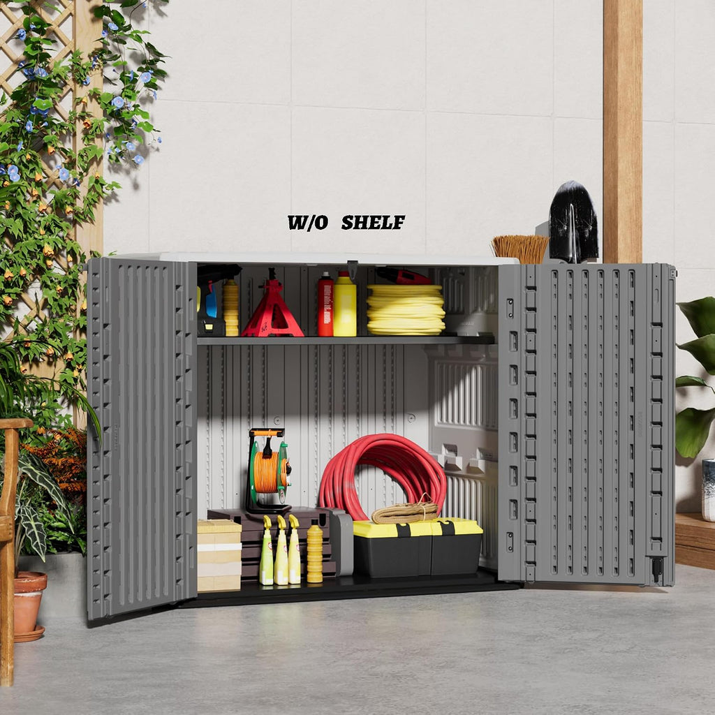 Mrosaa Outdoor Storage Shed Waterproof, Horizontal Outdoor Storage Cabinet for Garbage Cans,Tools and Lawnmower Lockable(34 Cu.ft-Gray and White)
