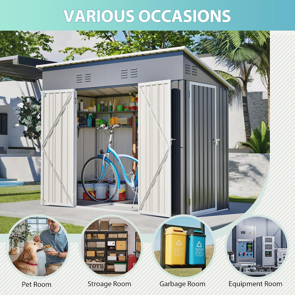 YOPTO 4x8 FT Outdoor Storage Shed with Floor Frame,Metal Shed W/Left/Right Optional Lockable Door,Heavy-Duty Garden Tool Storage House W/ 4 Air Vents & Sloping Roof,for Backyard,Patio,Lawn,Gray