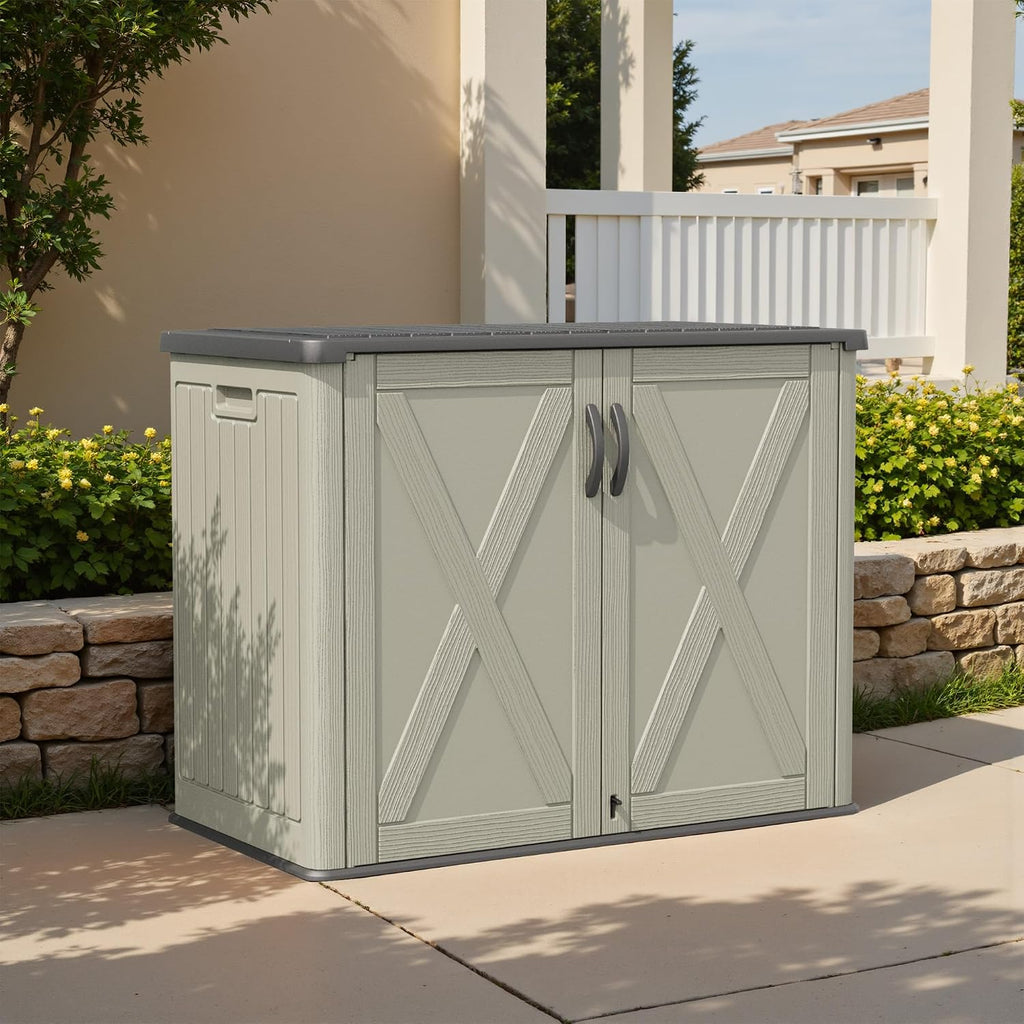 Patiowell 25 Cu.ft Outdoor Storage Cabinet with Lockable Door, Waterproof Horizontal Storage Shed for Tools and Patio Furniture, All-Weather Resin Shed Easy Assemble for Pool or Backyards, Brown