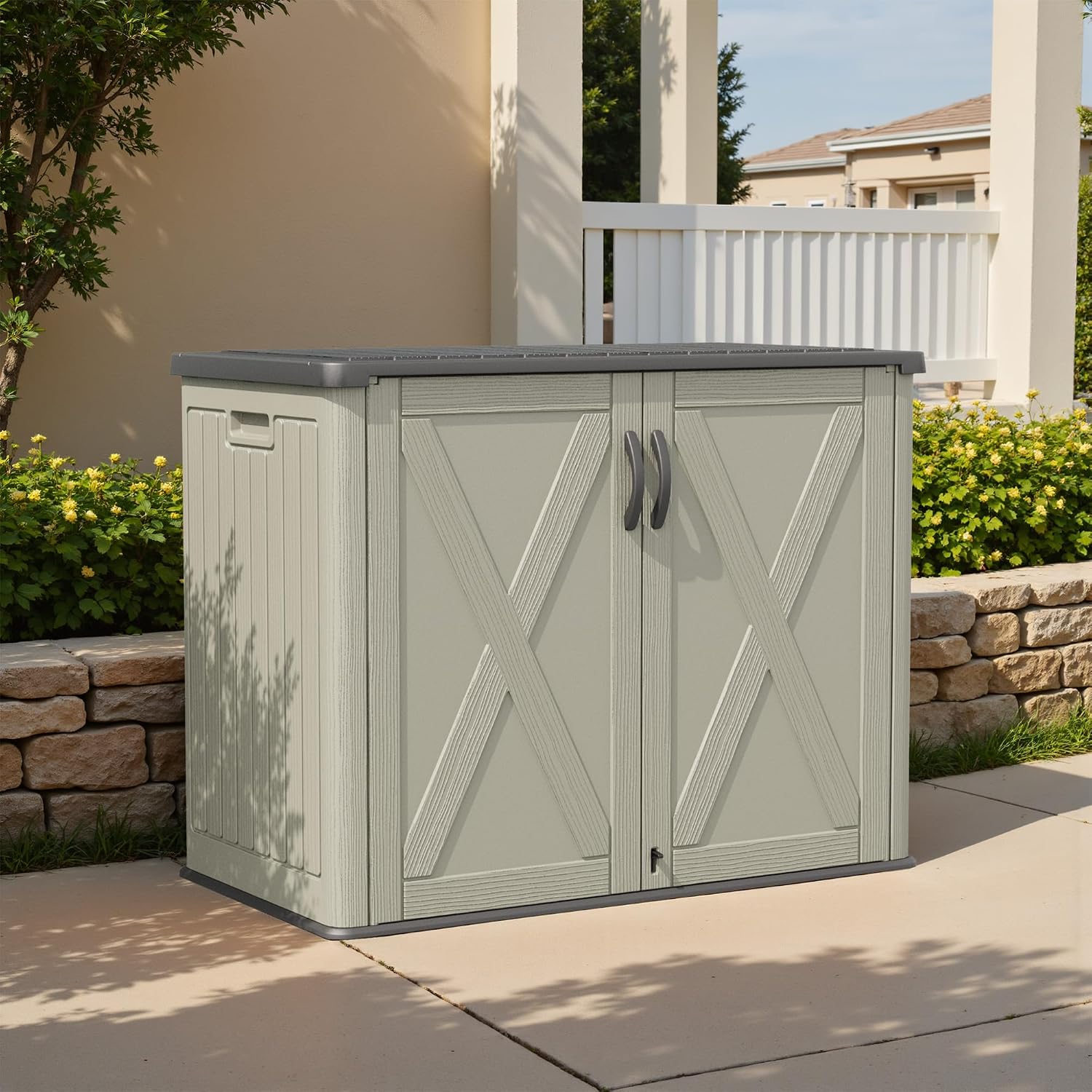 Patiowell 25 Cu.ft Outdoor Storage Cabinet with Lockable Door, Waterproof Horizontal Storage Shed for Tools and Patio Furniture, All-Weather Resin Shed Easy Assemble for Pool or Backyards, Brown