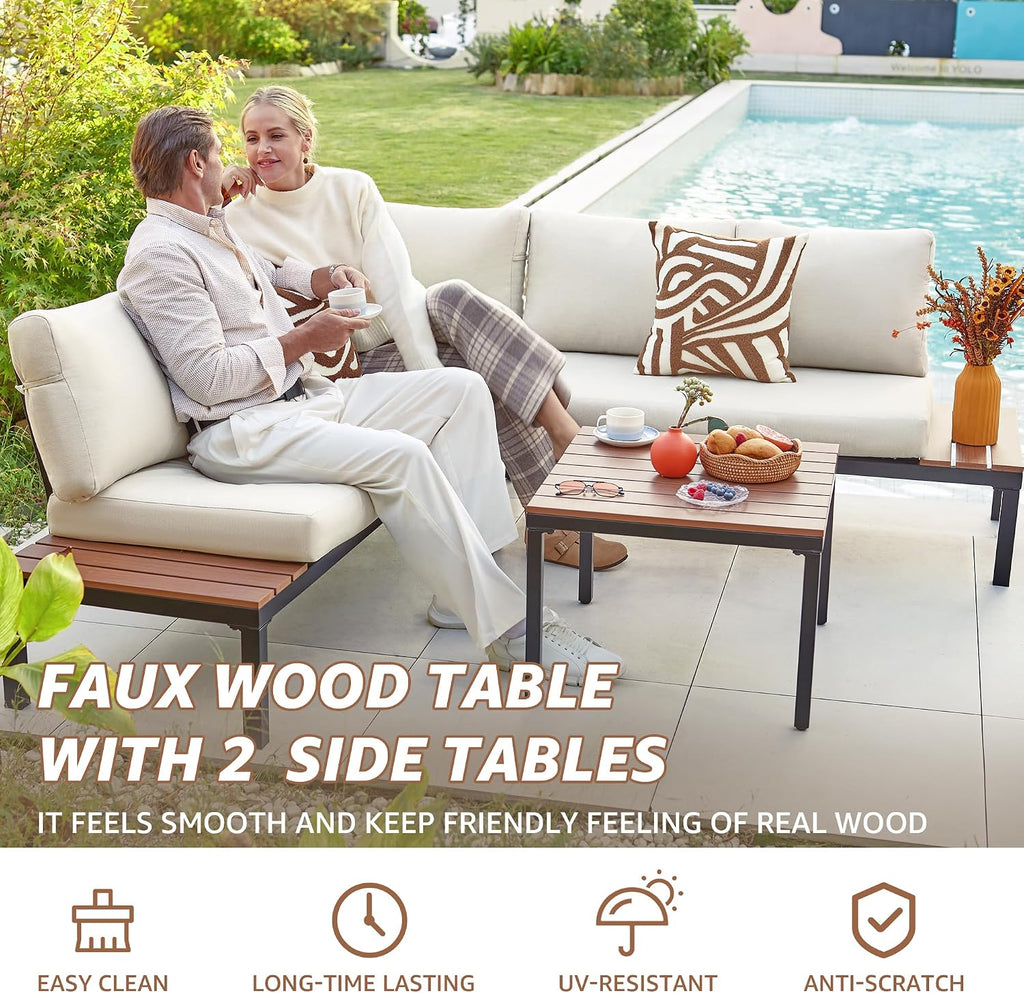 NATURAL EXPRESSIONS Outdoor Furniture Set, L Shape Patio Sectional, Metal Corner Couch Sofa Set with Side Tables, Detachable Backrest, Fauxwood Coffee Table, Beige Olefin Cushions for Garden Deck
