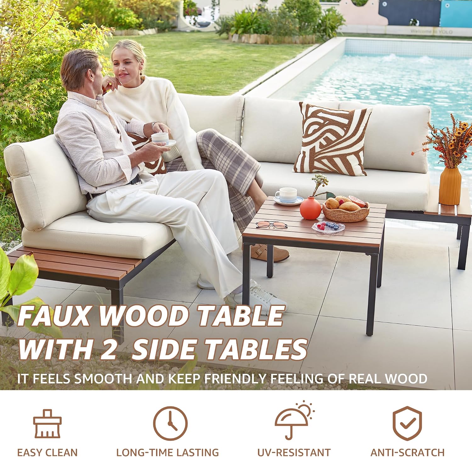 NATURAL EXPRESSIONS Outdoor Furniture Set, L Shape Patio Sectional, Metal Corner Couch Sofa Set with Side Tables, Detachable Backrest, Fauxwood Coffee Table, Beige Olefin Cushions for Garden Deck