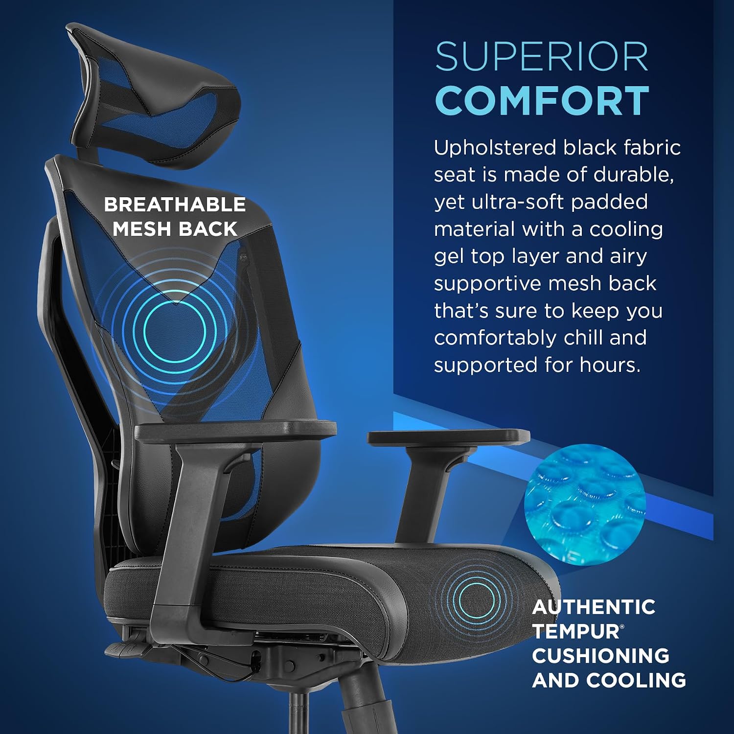 Tempur-Pedic Blaze Auto-Adaptive Ergonomic Gaming Chair with Lumbar Support and 3D Armrest Adjustment, Cooling Racing Style Gaming Chair, Black