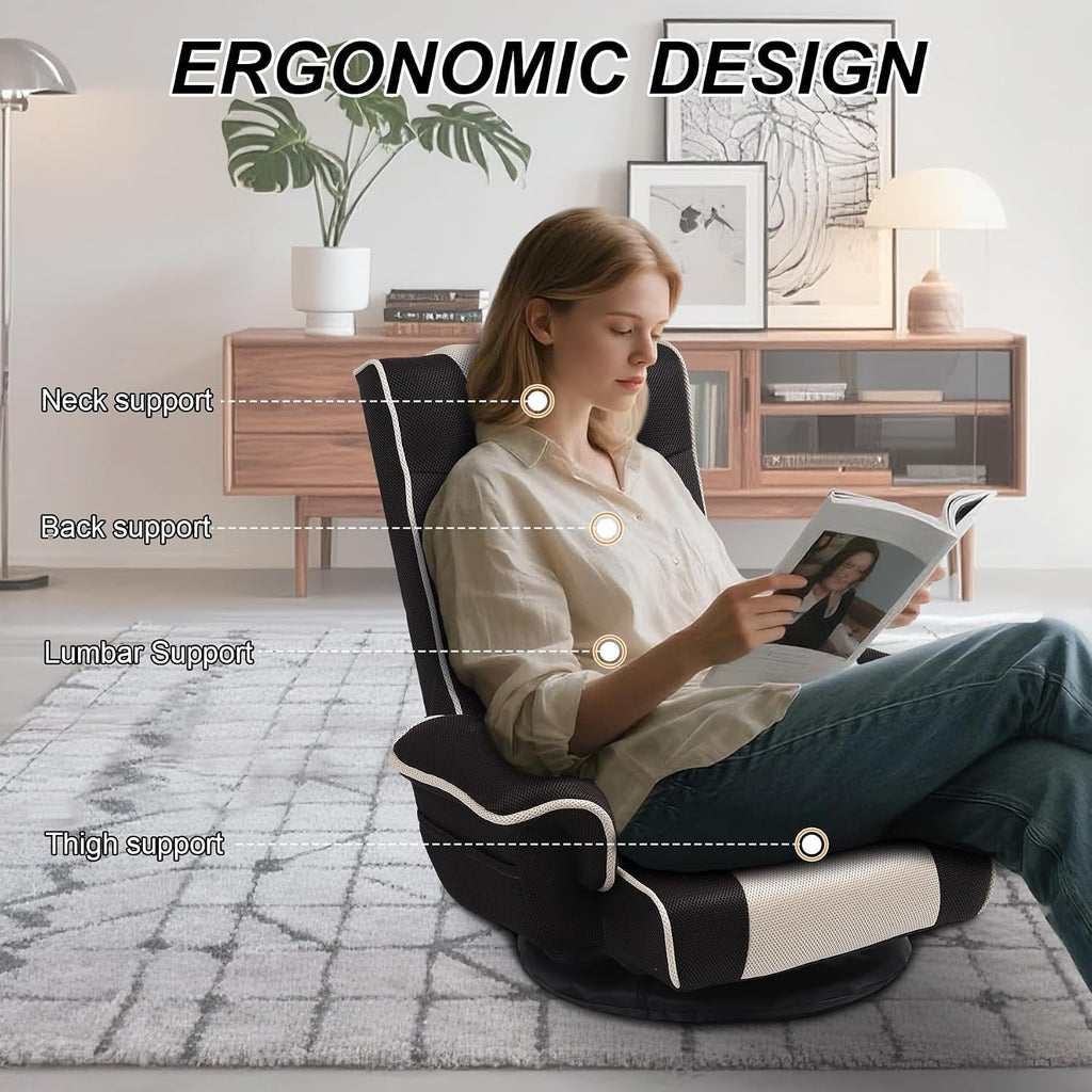 Swivel Floor Chairs for Adults, Floor Gaming Chair with Extra Wide Arms, Back Support 14 Angles Adjustable Comfortable Double Mesh Fabric Lazy Sofa for Video Game Chairs 201 (Black+Beige)