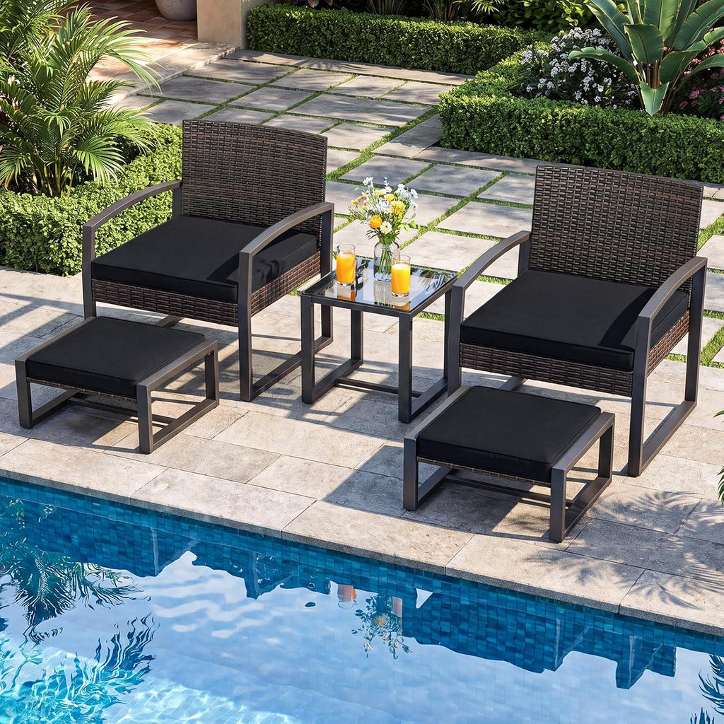 Tangkula 5 Pieces Wicker Patio Conversation Set, Outdoor PE Rattan Chair with Ottoman Set with Glass Side Table, 2-Person Small Balcony Furniture Seating Set with Cushions for Porch, Backyard, Deck