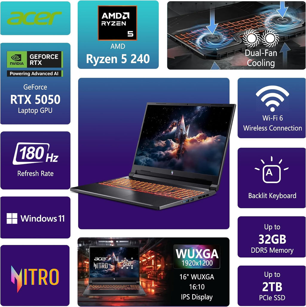 acer Nitro V 16 AI Gaming Laptop | 16' WUXGA IPS 180Hz | AMD Hexa-Core Ryzen 5 240 | 32GB DDR5 2TB SSD | GeForce RTX 5050 8GB DLSS4 (Up to 440 AI Tops) | Backlit Keyboard Win11 w/DLCA Accessory
