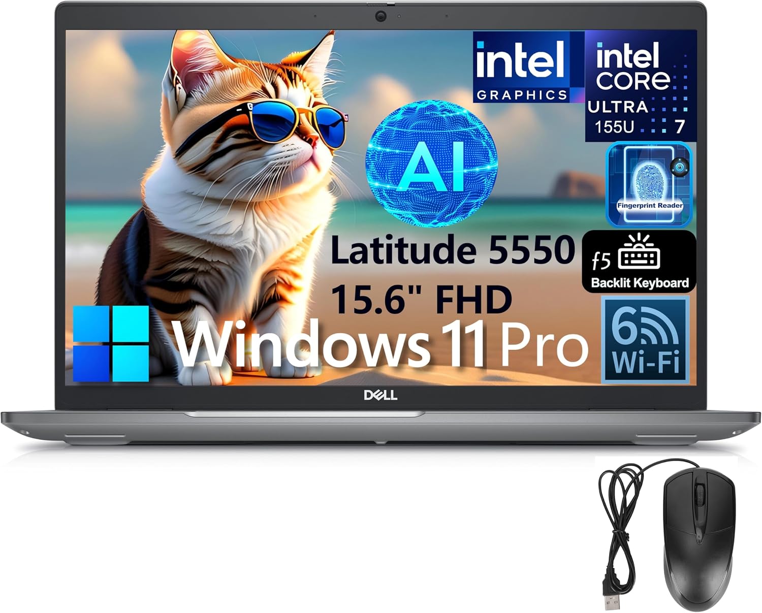 Dell Latitude 5550 15 Business AI Laptop, 15.6' FHD Computer, Intel Ultra 7 155U (Beat i7-1355U), 4GB DDR5 RAM, 128GB PCIe SSD, WiFi 6, Backlit Keyboard, Fingerprint Reader, Windows 11 Pro
