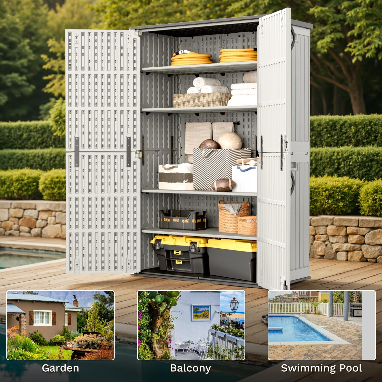 Patiowell 50 Cu.ft Outdoor Storage Cabinet with Lockable Door, Waterproof Horizontal Storage Shed for Tools and Patio Furniture, All-Weather Resin Shed Easy Assemble for Pool or Backyards, Brown