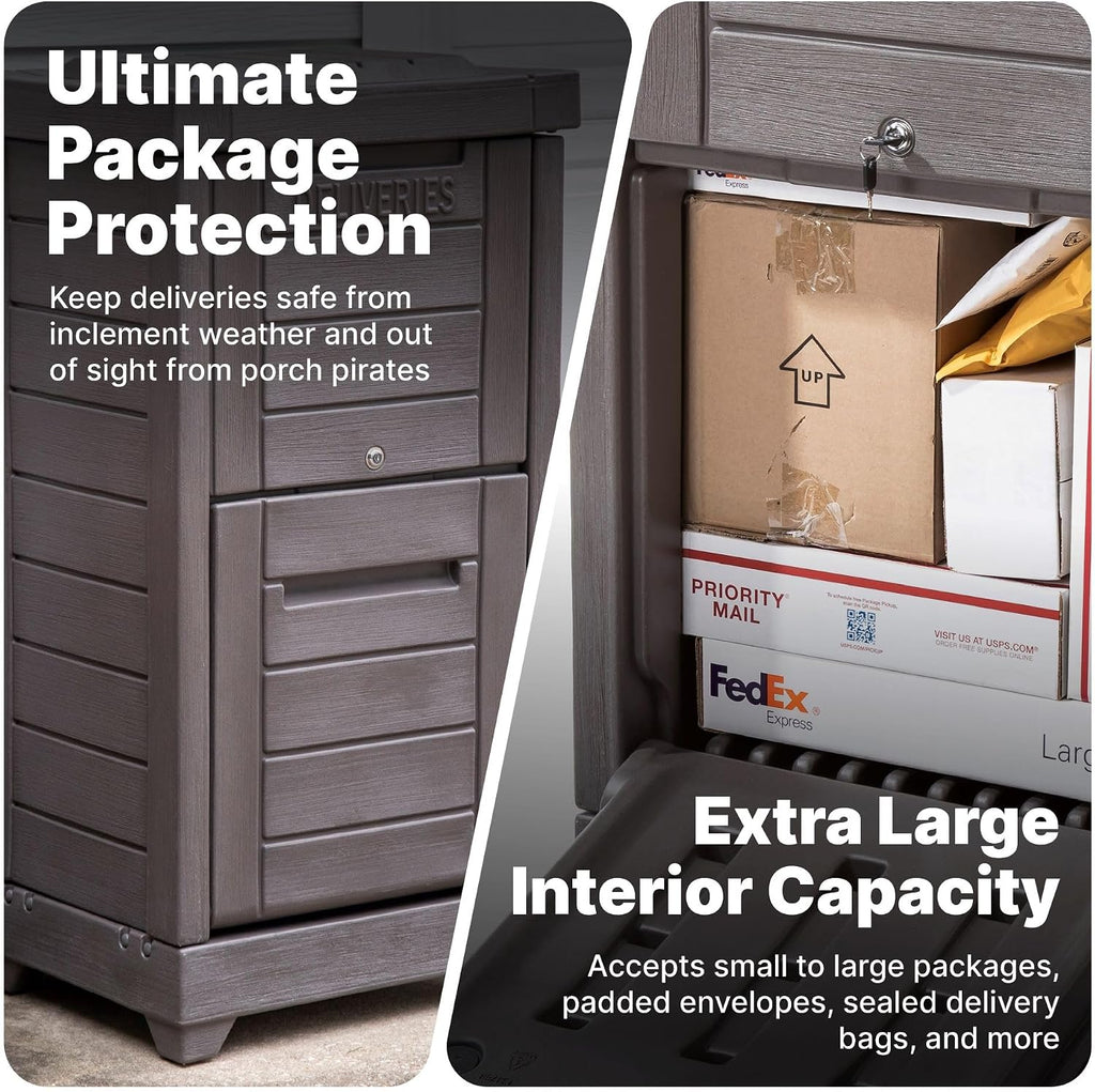 Step2 Lakewood Package Delivery Box, Weather Resistant, Large Outdoor Parcel Storage, Made of Durable Plastic, Easy Install, Lock & Key Access, Dark Cedar