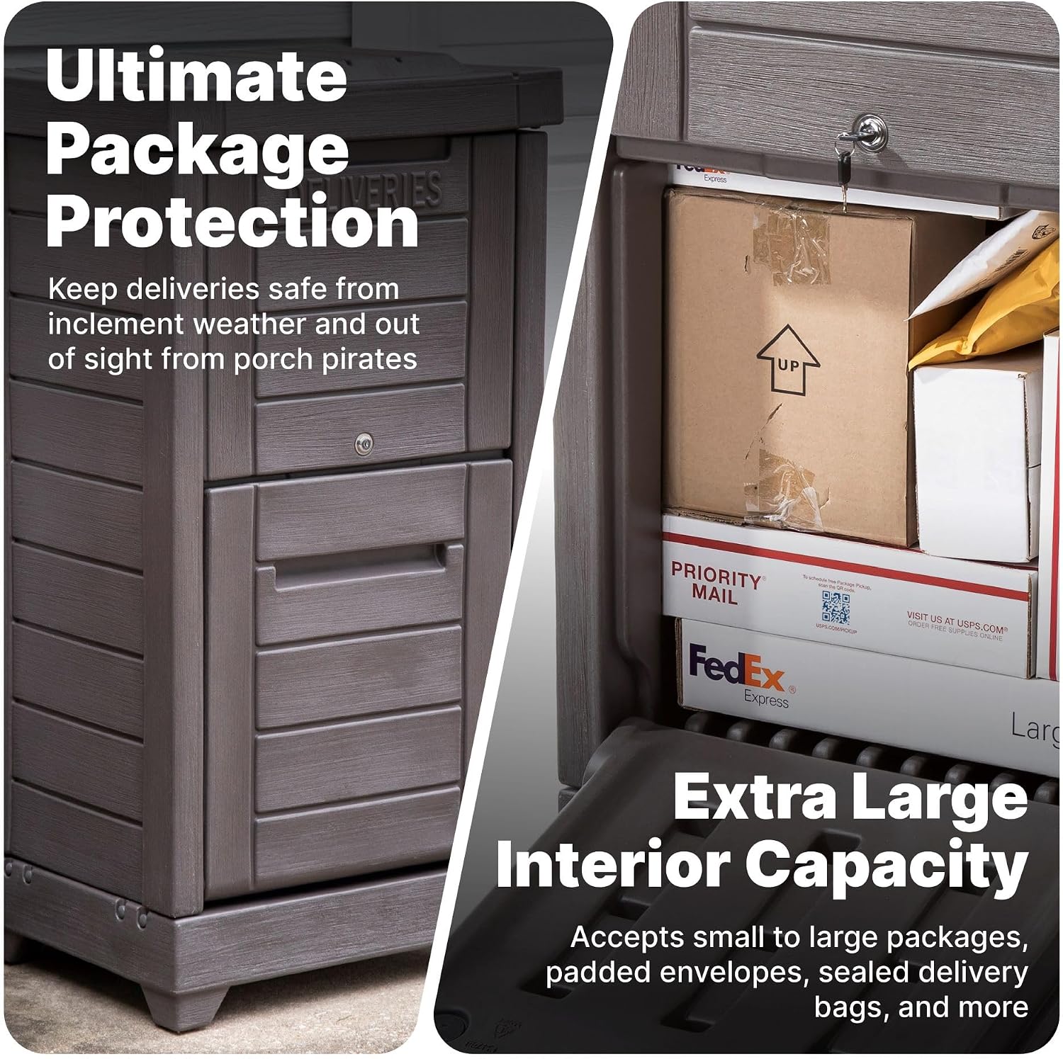 Step2 Lakewood Package Delivery Box, Weather Resistant, Large Outdoor Parcel Storage, Made of Durable Plastic, Easy Install, Lock & Key Access, Dark Cedar
