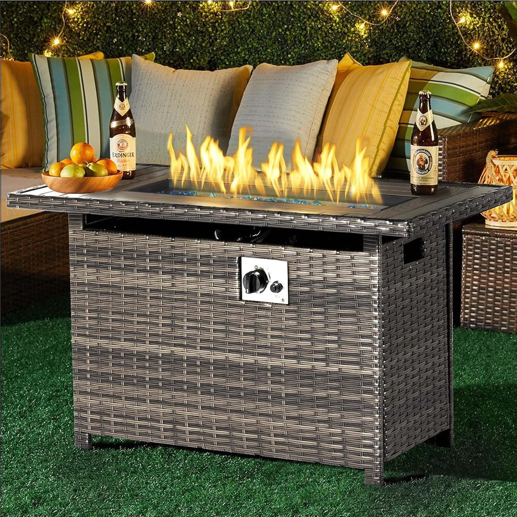 Aoxun 44' Propane Fire Pit 50,000 BTU Outdoor Wicker Fire Table with Wood-grainTabletop Patio Rectangular 2-in-1 Gas Fire Pit Table with Firepit Lid and Waterproof Cover（Gray）