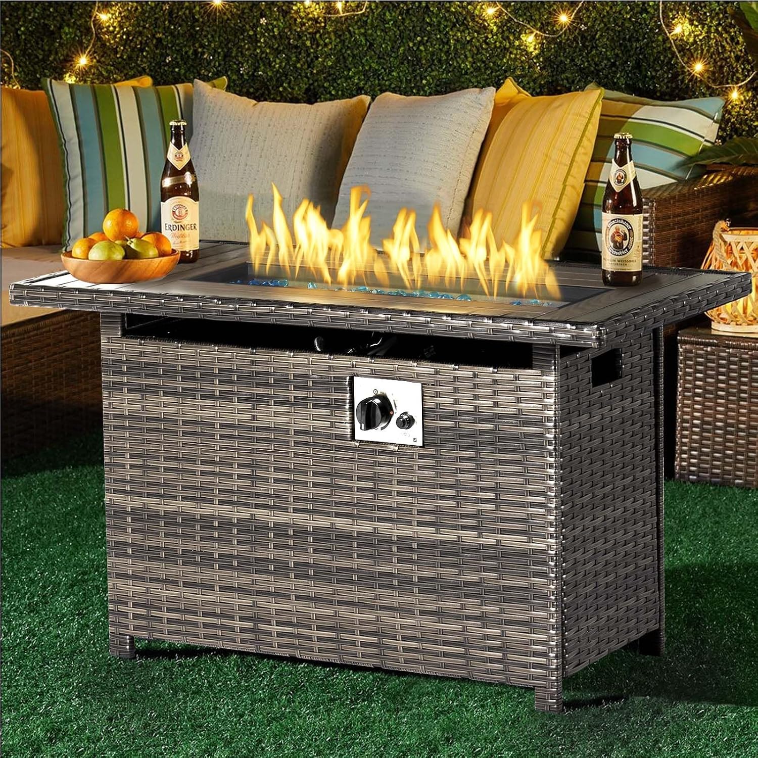 Aoxun 44' Propane Fire Pit 50,000 BTU Outdoor Wicker Fire Table with Wood-grainTabletop Patio Rectangular 2-in-1 Gas Fire Pit Table with Firepit Lid and Waterproof Cover（Gray）