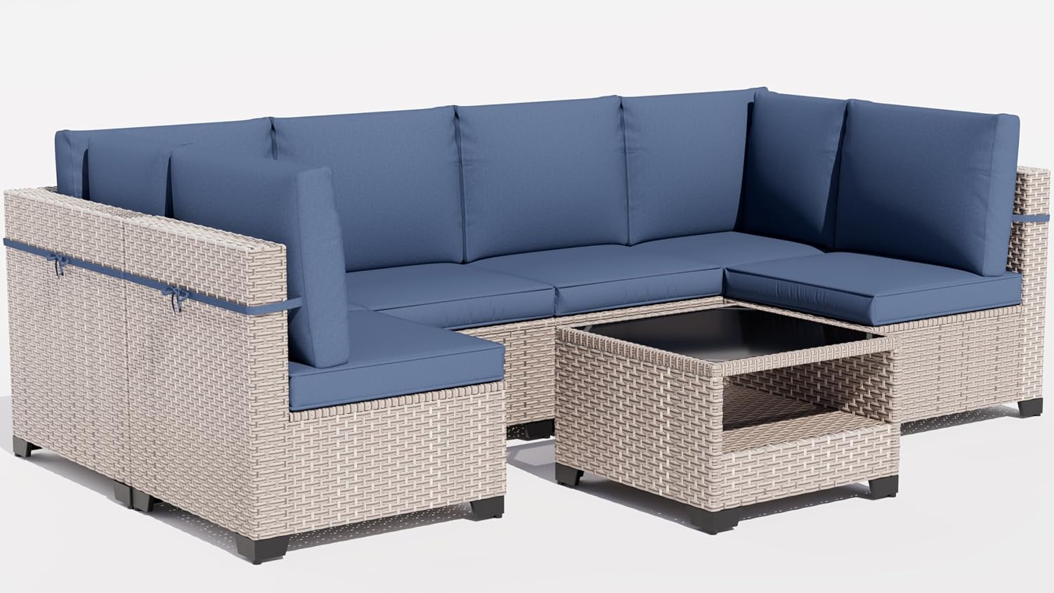 7 Pieces Patio Furniture Set, Outdoor Sectional Wicker Sofa with Thick Cushions and Storage Coffee Table, Rattan Patio Conversation Sets for Deck Yard Poolside, Navy