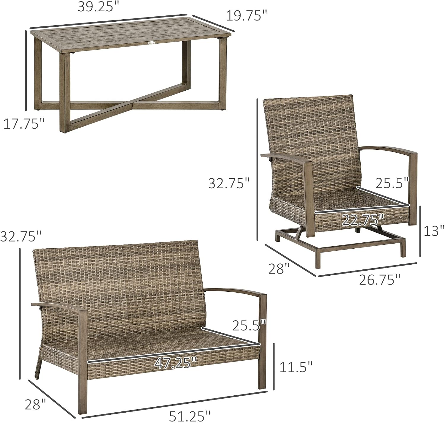 Outsunny 4 Piece Wicker Patio Furniture Set with 2 Rocking Chairs, Loveseat Sofa, Outdoor PE Rattan Conversation Set with Cushions, Aluminum Table for Porch, Poolside, Light Gray