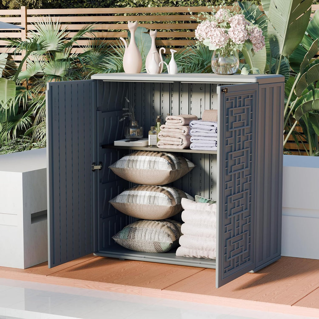 Mrosaa Indoor Outdoor Storage Cabinet Waterproof with Shelf,Plastic Storage Sheds Outdoor Cabinets for Patio/Garden/Backyard, Size 34.3''L*15''W*36.2''H（Gray）