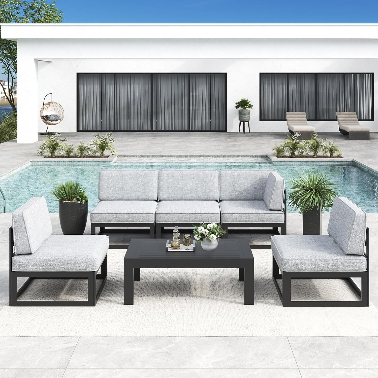 LayinSun Large Aluminum Patio Furniture Set, 6 Pieces Modern Outdoor Conversation Set Sectional Metal Sofa Set with Olefin Cushion